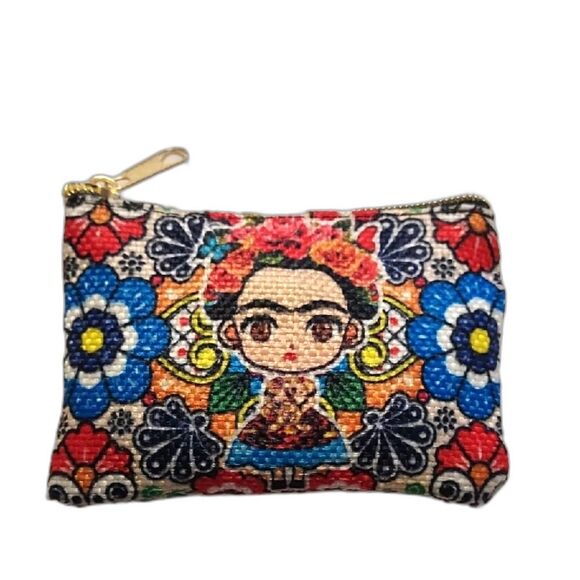 Frida Kahlo Coin Purse Colorful Floral Patterned Cosmetic Bag Zippered - Picture 1 of 4